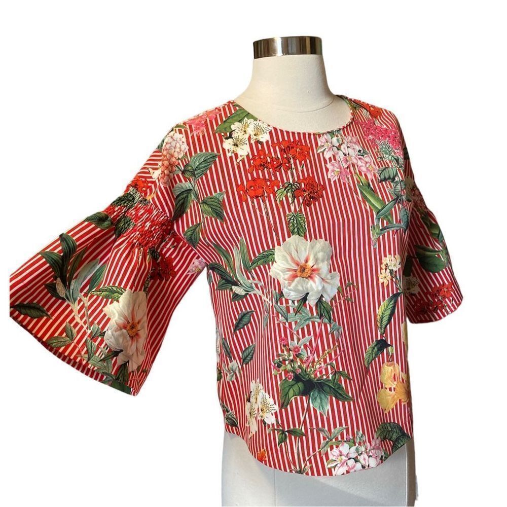 Zara - Floral Stipe V Back with Tie - Flare Sleeve Top sz XS - Picture 3 of 8
